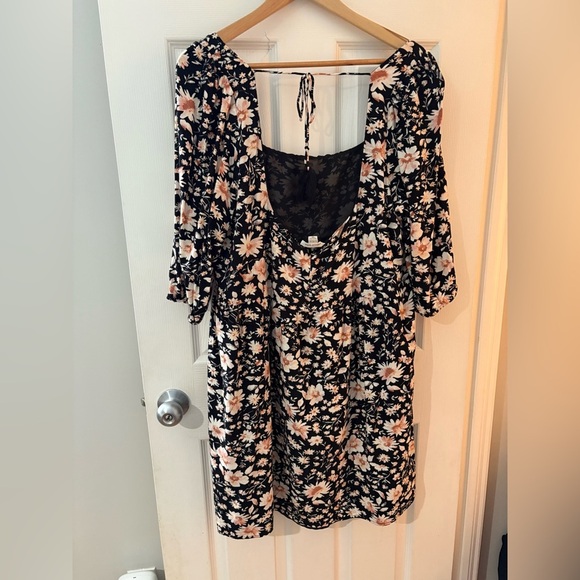 American Eagle XXL floral baby doll puff sleeve mini dress black pink plus size - Picture 6 of 14
